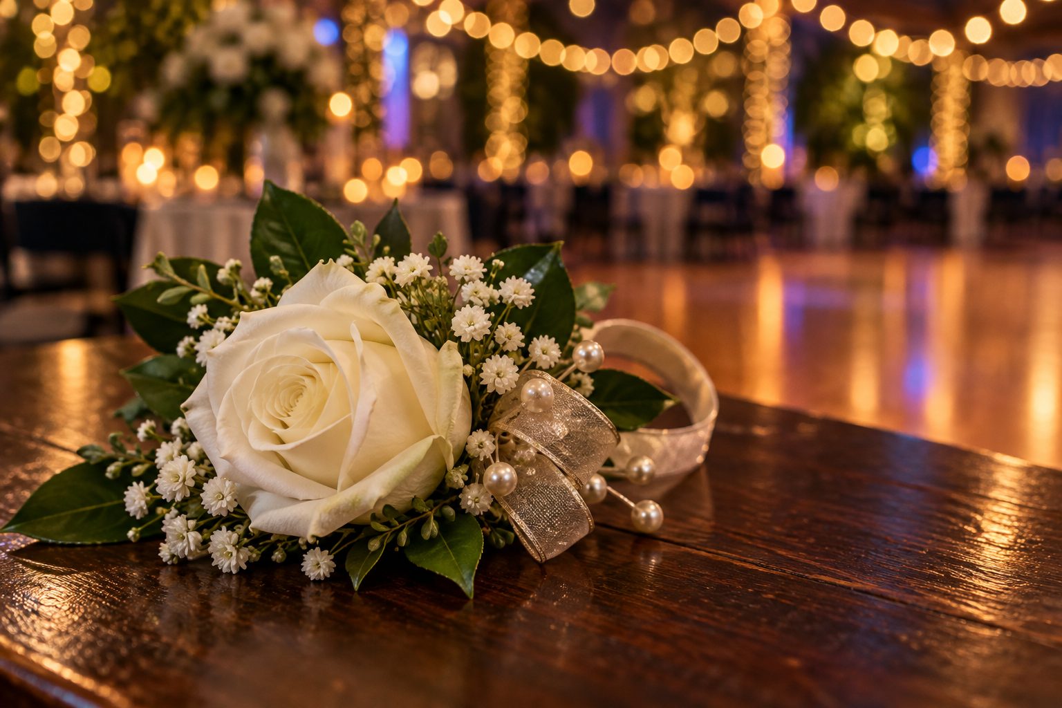 A white rose wrist corsage on a table with dance-floor lights behind it
