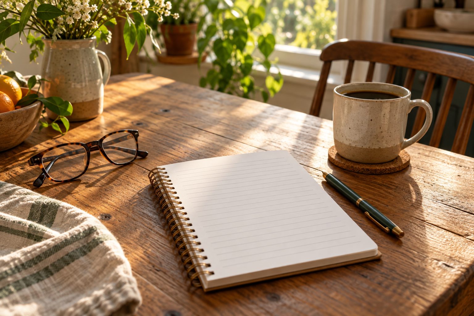 An open notebook with a blank lined page, a pen, a mug of coffee and reading glasses on a kitchen table