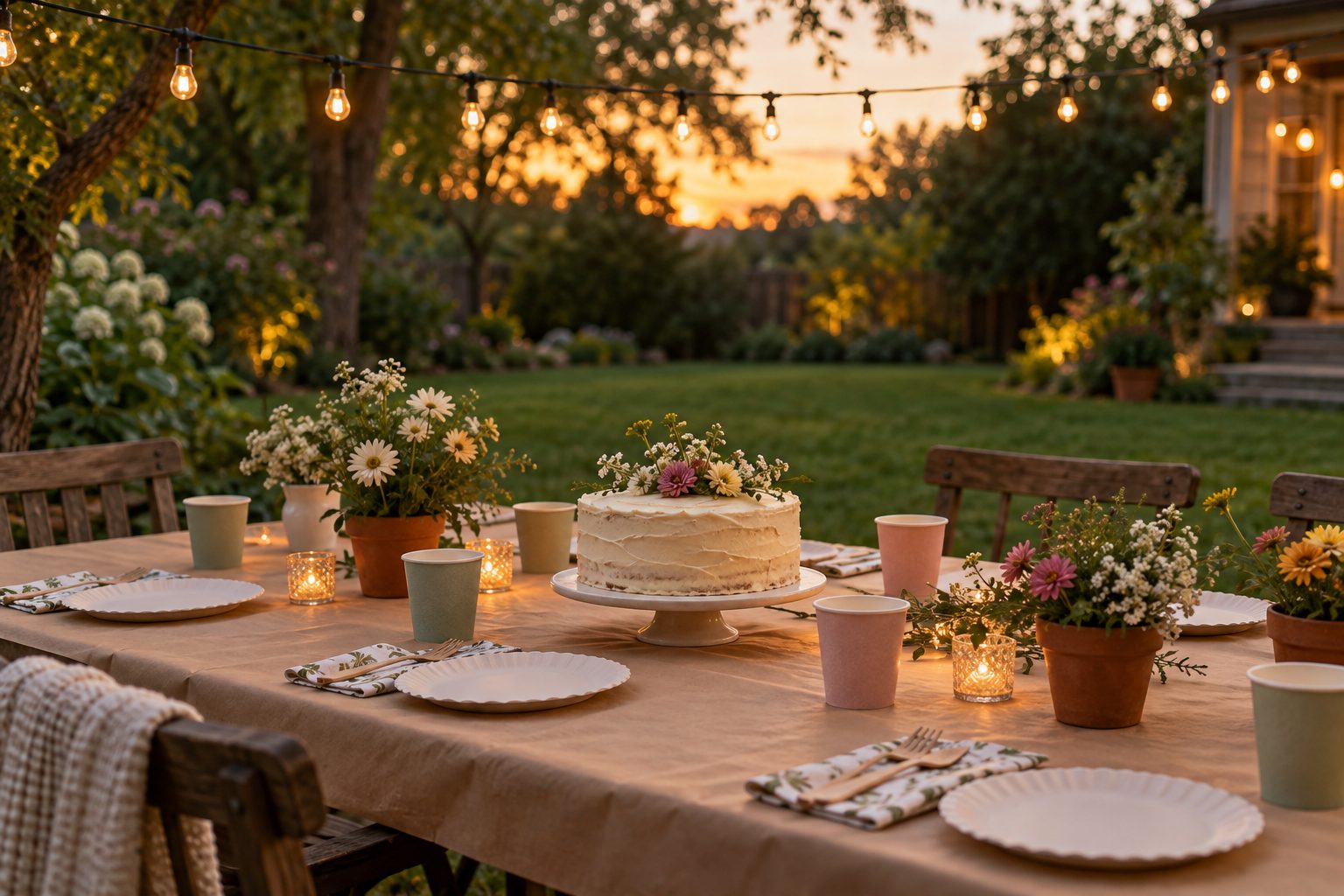 A backyard party table at dusk with a cake, flowers in pots and string lights overhead