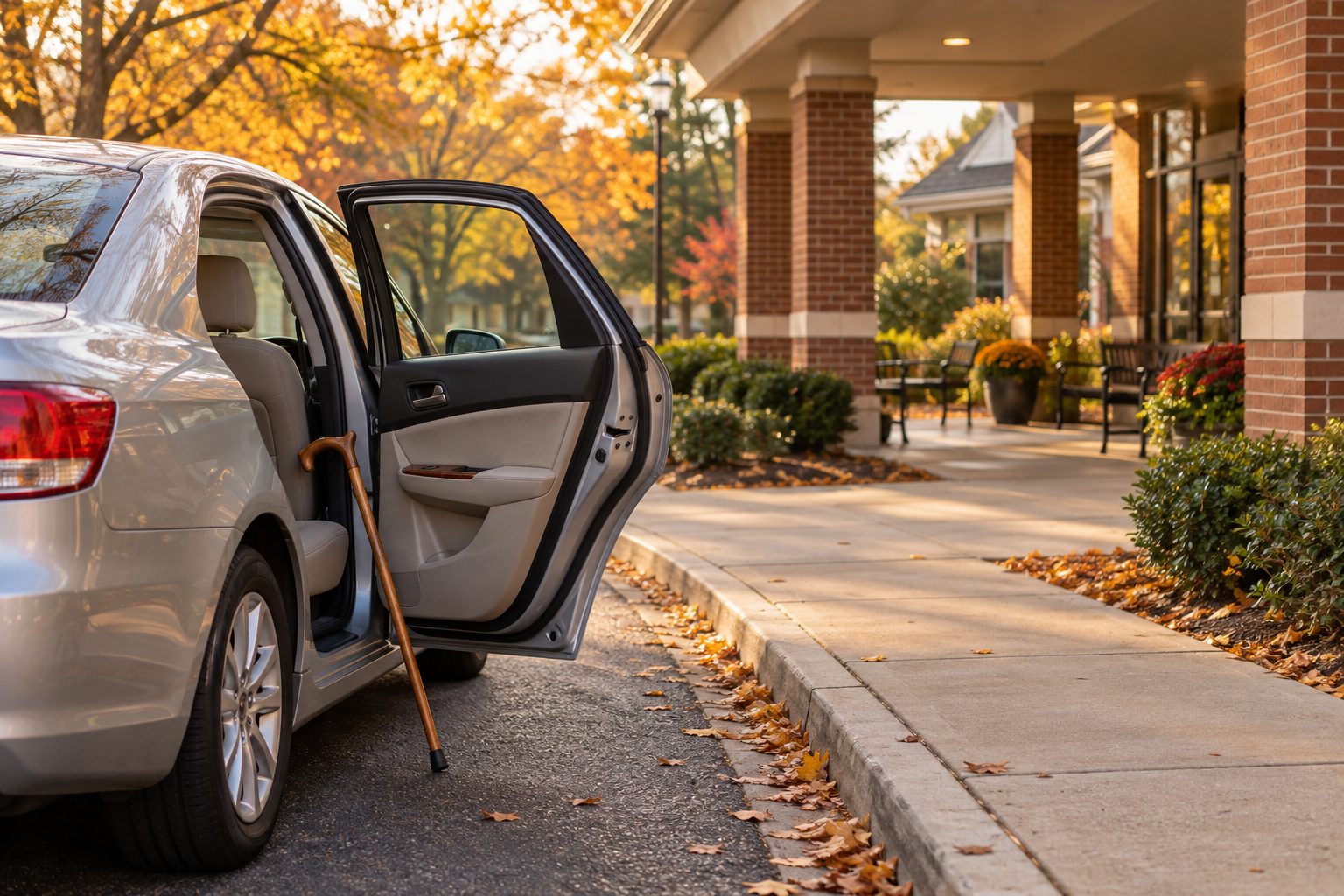 An open car door and a walking cane at the curb outside a brick clinic entrance on an autumn afternoon