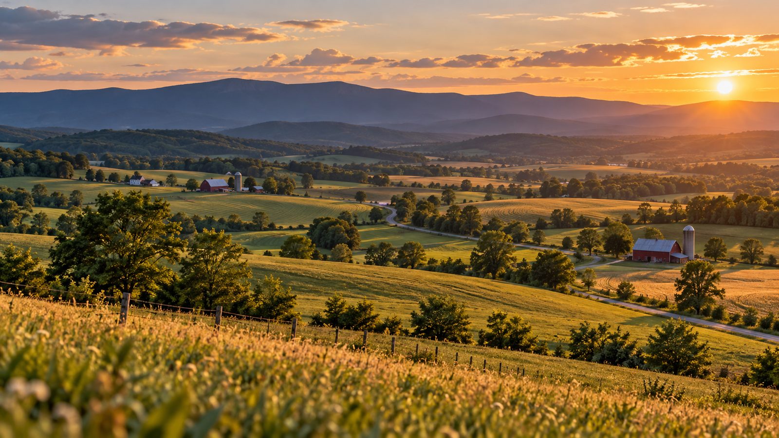 Farmland in a western Maryland valley at golden hour, with a mountain ridge on the horizon
