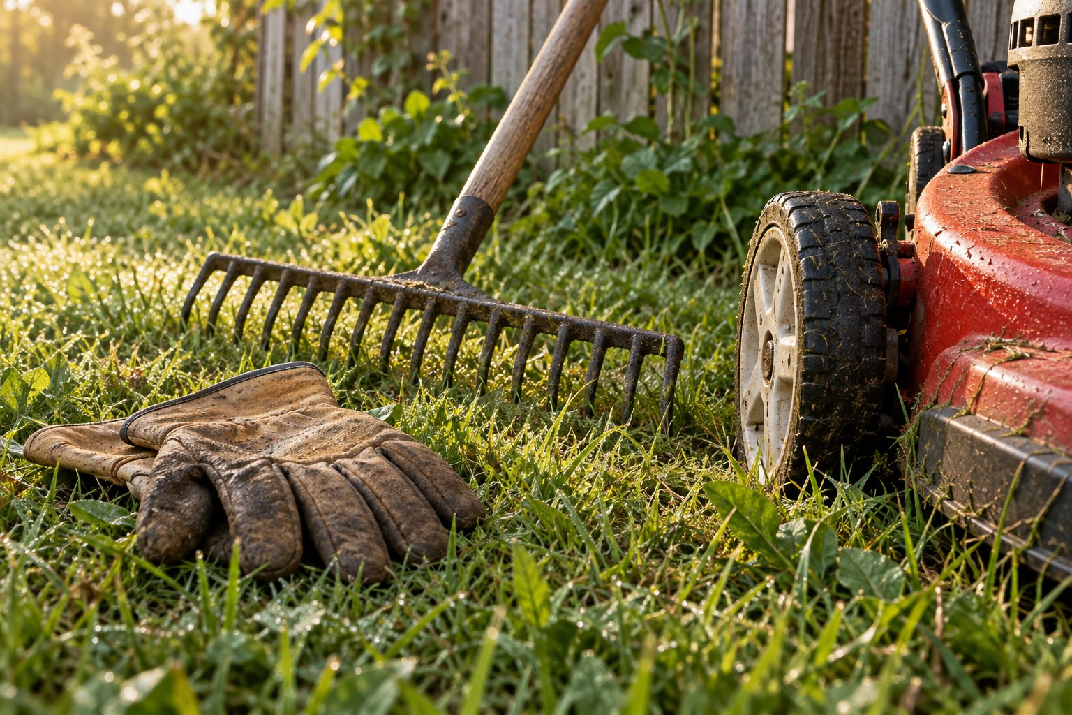 Work gloves, a rake and a push mower resting on backyard grass by a wooden fence
